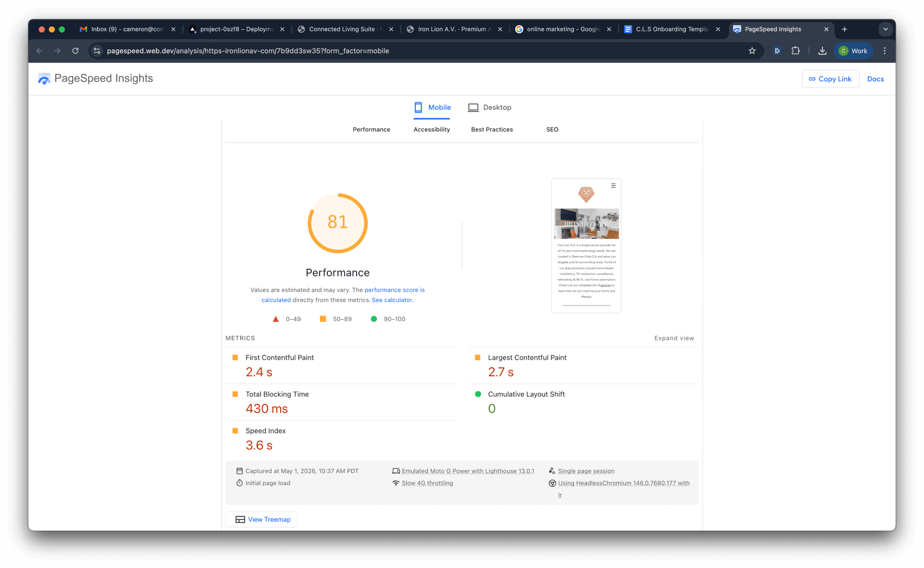 Mobile PageSpeed score before the rebuild: 92